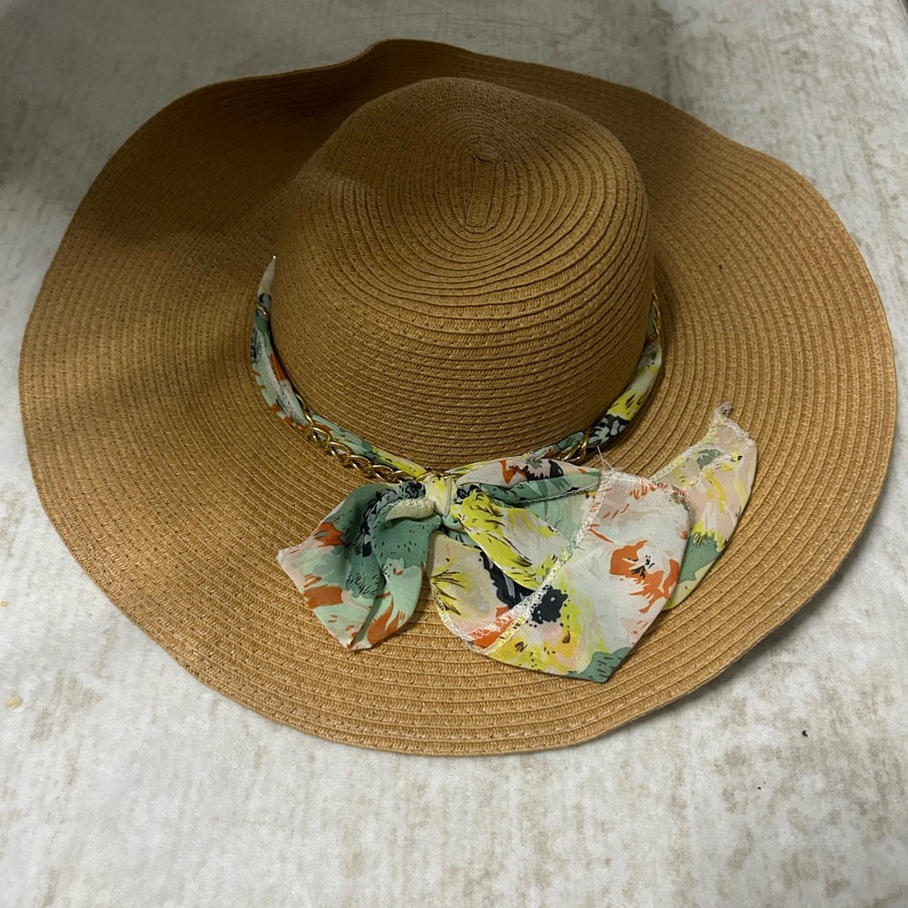 Women’s Wide Brim Straw Sun Hat with Floral Scarf Accent - Brown